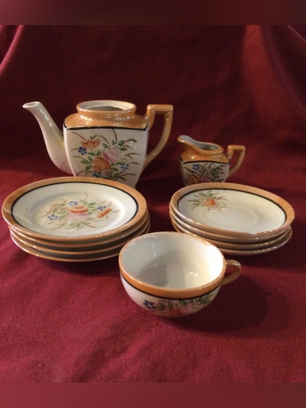 Vintage Peach Lustre Toy Dishes - Orange & Pink Flowers